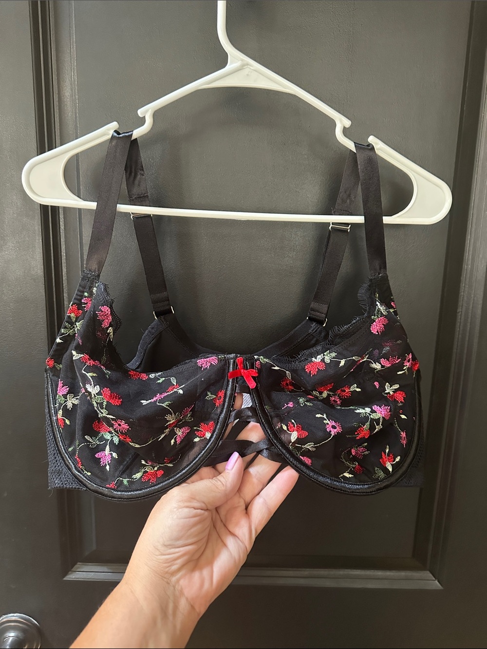 Cacique Black Bra with Red & Pink Floral Embroidery